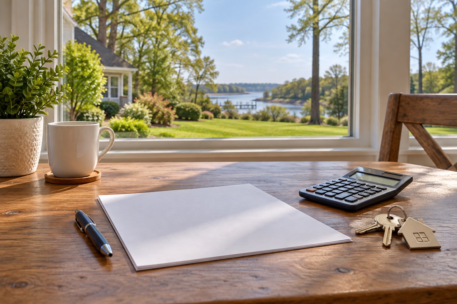 Illustrative home-purchase planning desk with calculator, plain papers and keys, inspired by Leonardtown, Maryland