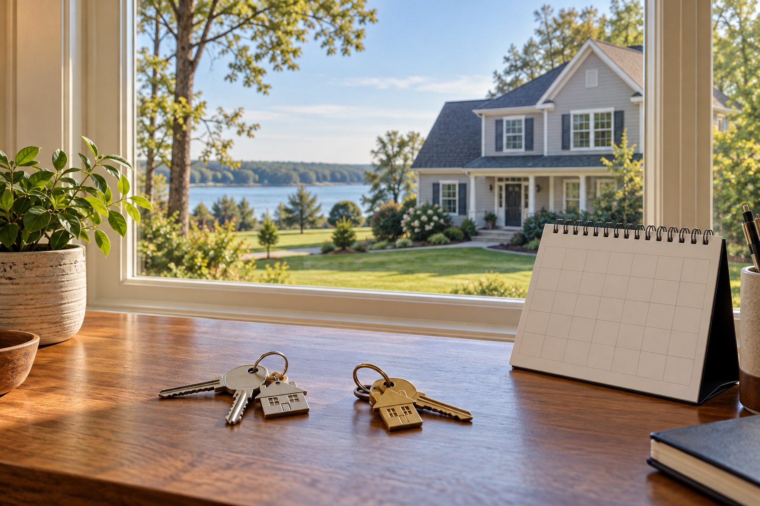 Illustrative Southern Maryland moving-planning desk with two house keys, an unprinted calendar and a house beyond the window