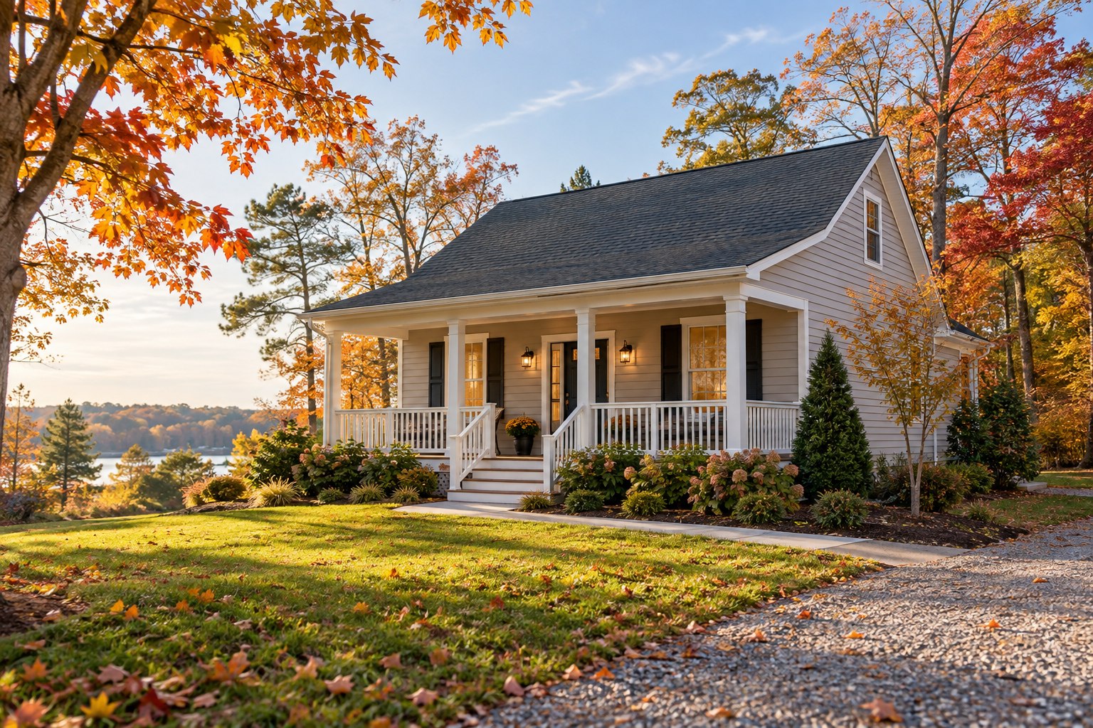 Illustrative Lexington Park-style detached home with a front porch and autumn trees