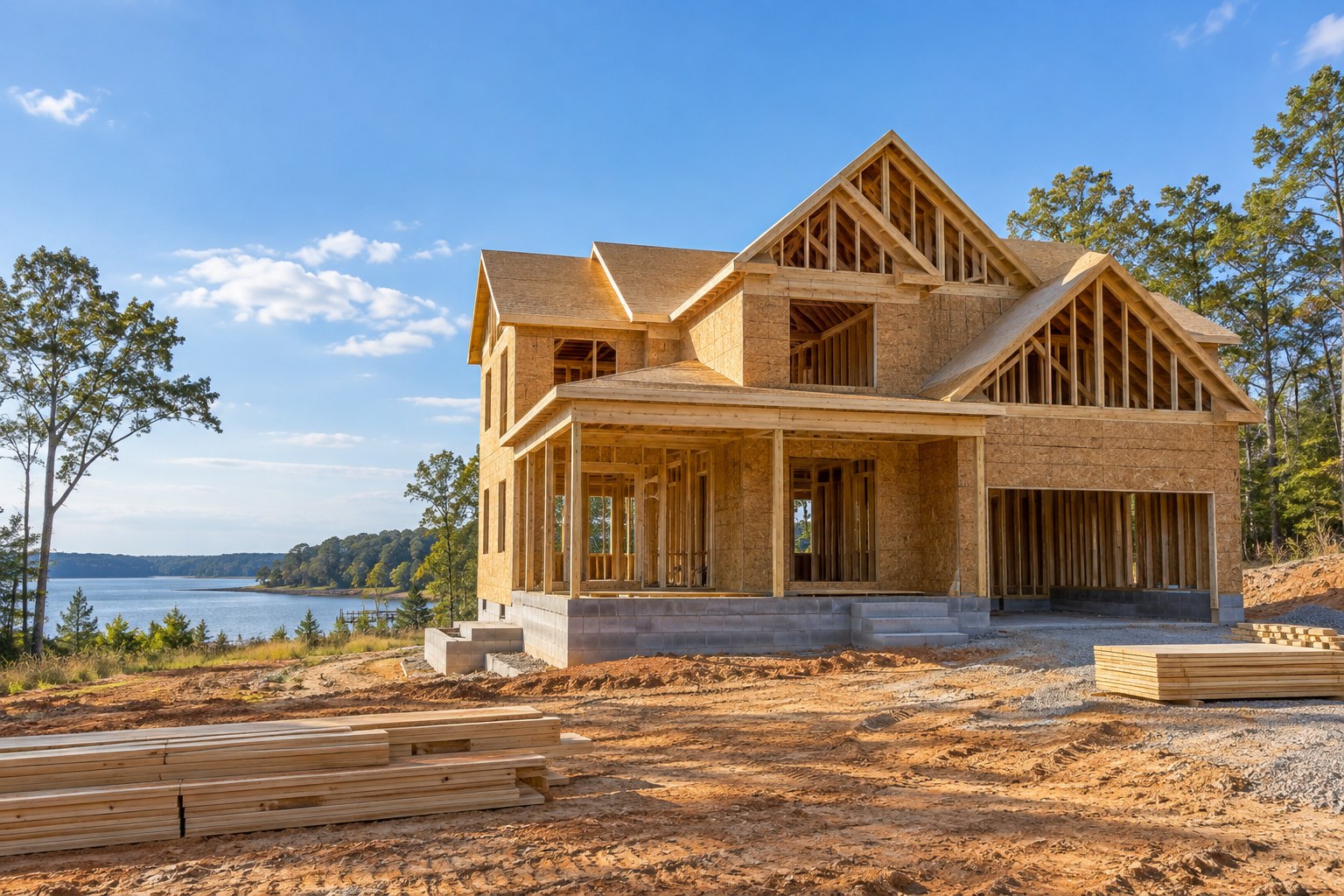 Illustrative Hollywood, Maryland-style detached house under construction with timber framing