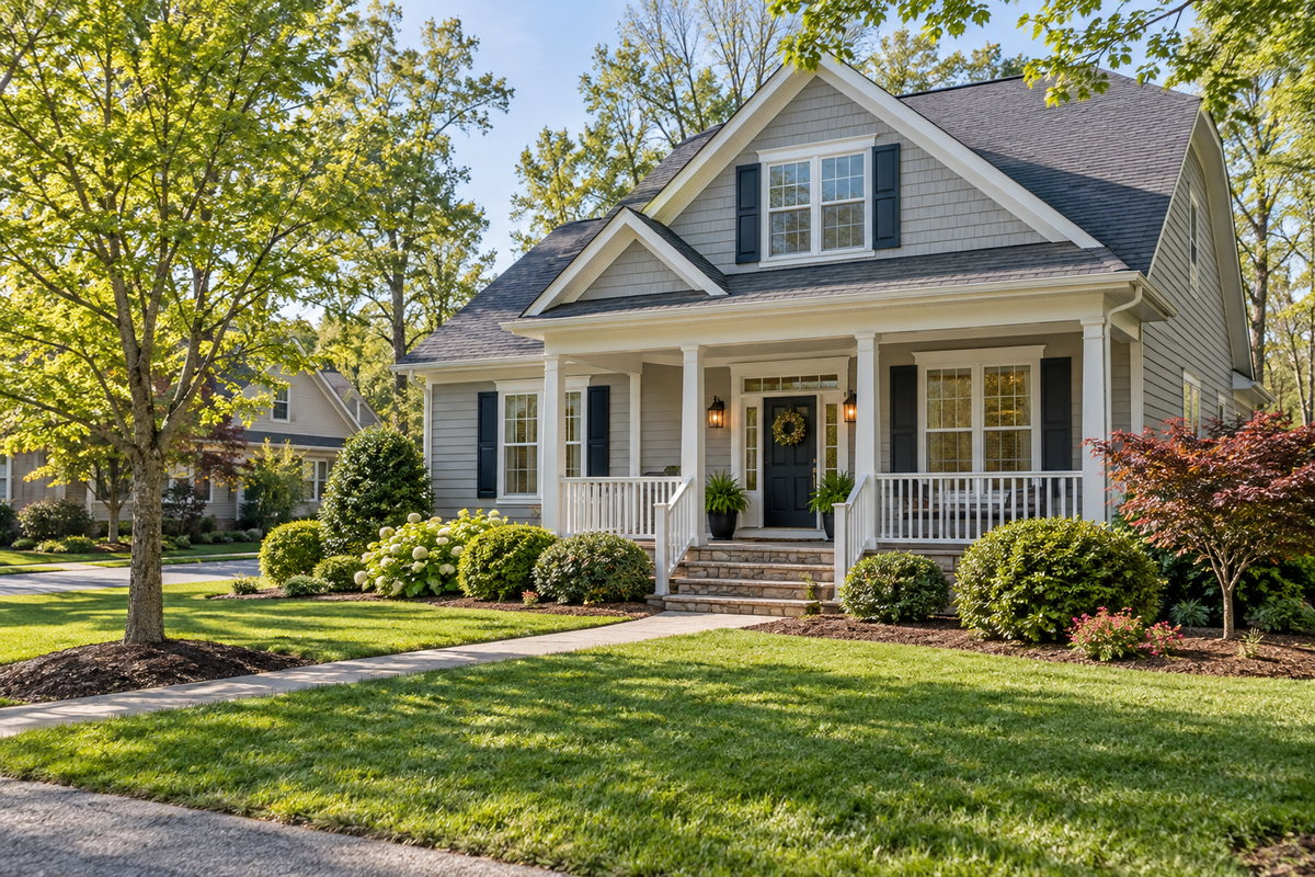 A well-kept Southern Maryland home with a tidy porch, trimmed shrubs, and clear front entry, illustrating seller preparation.