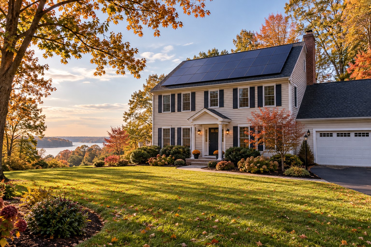 Illustrative St. Mary's County-style colonial home with rooftop solar panels and an autumn yard